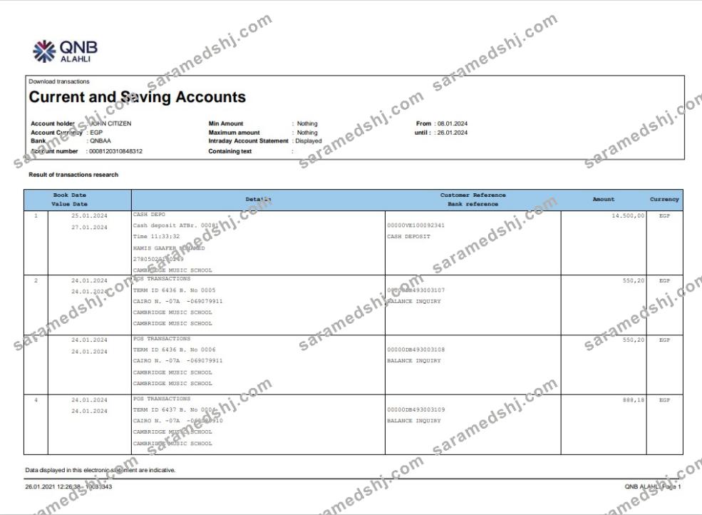 Qatar QNB Alahli bank statement 3 – 6 months Word and PDF example, version 2
